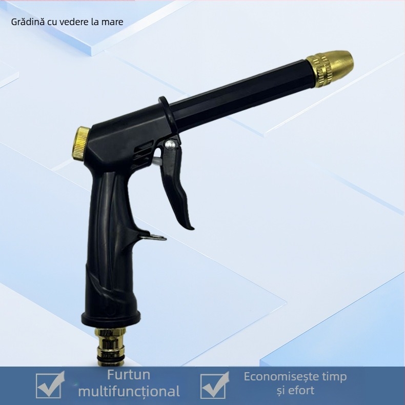 Pistol de spălat auto cu presiune înaltă, cap de duză placat cu aluminiu cu cupru, corp și mâner din materiale plastice inginerești, presiune de la robinet, greutate 0,098 kg