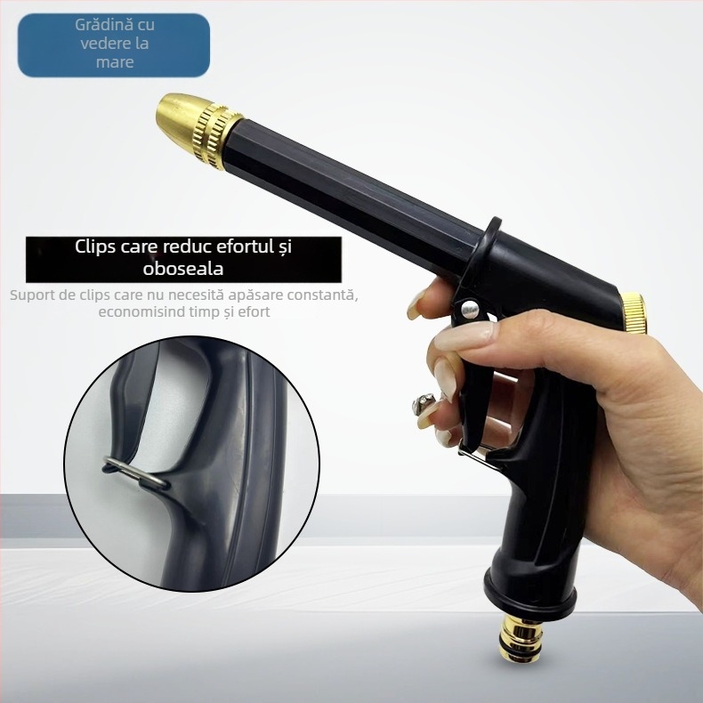 Pistol de spălat auto cu presiune înaltă, cap de duză placat cu aluminiu cu cupru, corp și mâner din materiale plastice inginerești, presiune de la robinet, greutate 0,098 kg