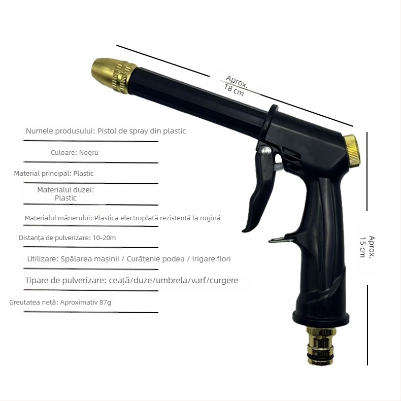 Pistol de spălat auto cu presiune înaltă, cap de duză placat cu aluminiu cu cupru, corp și mâner din materiale plastice inginerești, presiune de la robinet, greutate 0,098 kg