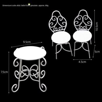 Casă de păpuși: masă de ceai din fier, exterior, set masă și scaune pentru scena de grădină BJD (model static; compatibil DIY; nedemontabil)