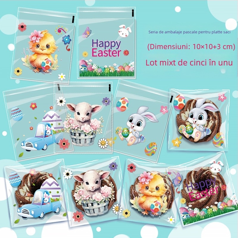 Geantă de cadouri OPP autoadesivă cu model iepure și ouă de Paște, din plastic, pentru bomboane mici — fără logo, tăiere cu lamă plată