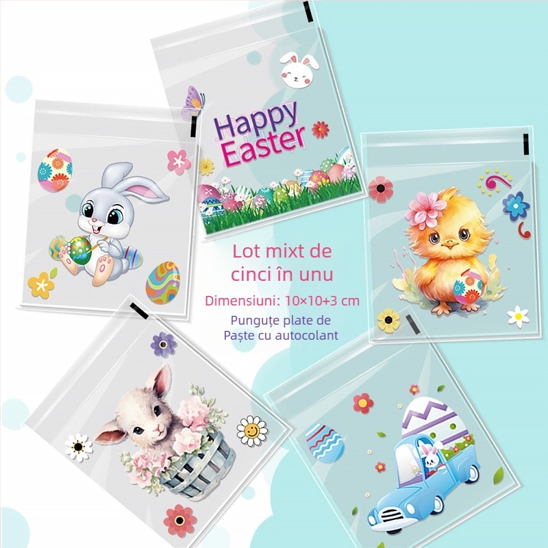 Geantă de cadouri OPP autoadesivă cu model iepure și ouă de Paște, din plastic, pentru bomboane mici — fără logo, tăiere cu lamă plată