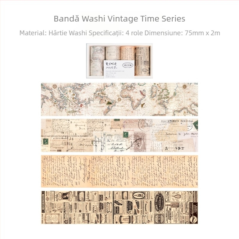 Set de bandă decorativă din hârtie (washi), serie retro timpuri, design hartă cu litere engleze, 4 role; lungime 2 m; lățime 75 mm; grosime 0,04 mm; substrat: hârtie; marcă Yu Xian