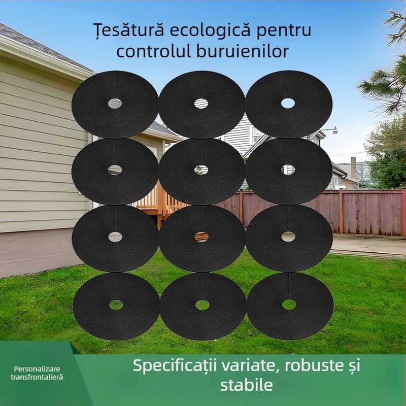Pânză circulară din fibră nețesută pentru buruieni – țesătură de grădină, utilizare: prevenirea buruienilor în jurul plantelor, diametru interior/exterior personalizabil, durată de viață 5–8 ani