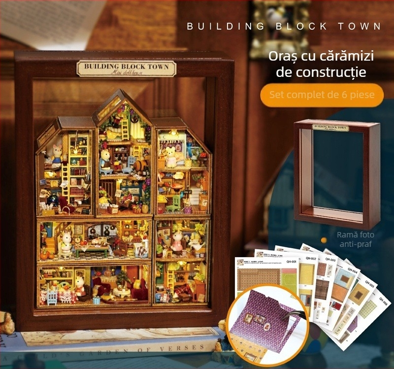 Kit DIY de model arhitectural pentru căsuță din lemn; material: lemn; alimentare: baterie; asamblare: necesară; potrivit pentru copii 7–14 ani