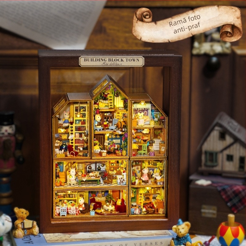 Kit DIY de model arhitectural pentru căsuță din lemn; material: lemn; alimentare: baterie; asamblare: necesară; potrivit pentru copii 7–14 ani