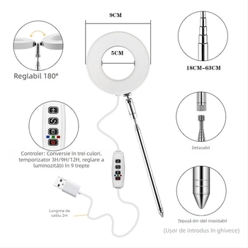 Lampa LED de creștere pentru bonsai pe birou, 48 LED-uri, spectru complet, temperatură de culoare reglabilă, IP44, tensiune de intrare 5V