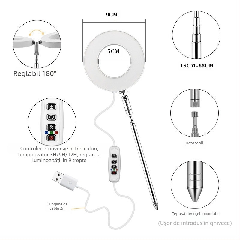 Lampa LED de creștere pentru bonsai pe birou, 48 LED-uri, spectru complet, temperatură de culoare reglabilă, IP44, tensiune de intrare 5V