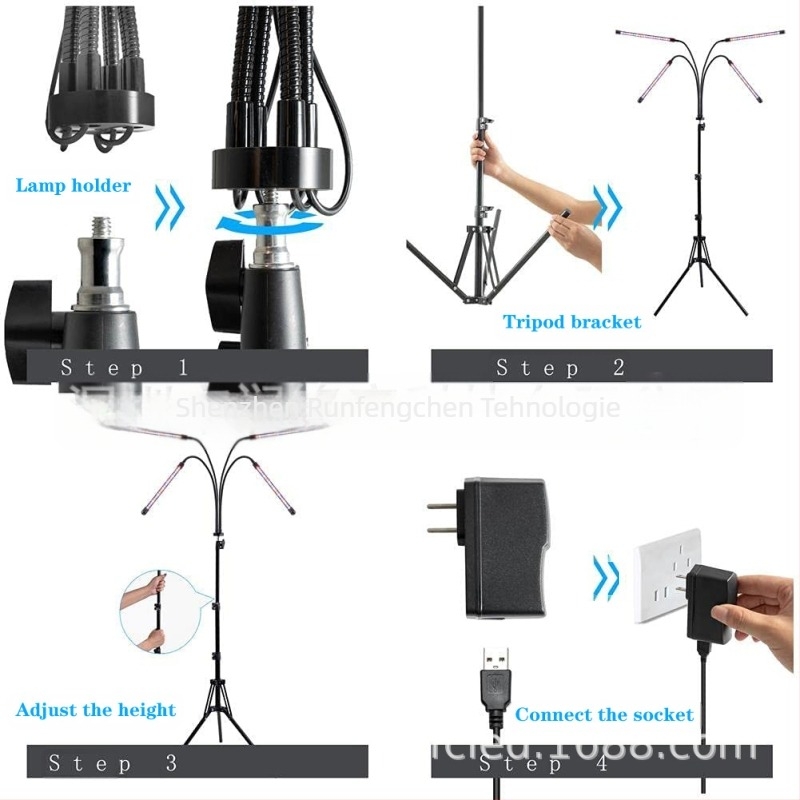 Lampă de creștere pentru plante cu suport din cinci țevi pe un stativ cu trei picioare, spectru complet, control de la distanță; 100 LED, 1500 lm, IP44, PF 0.98