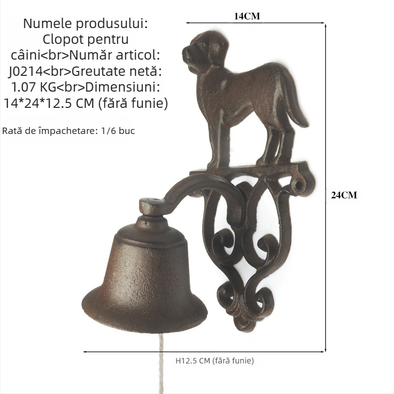 Clopot din fontă cu manivelă, decor de perete pentru grădină, stil antic