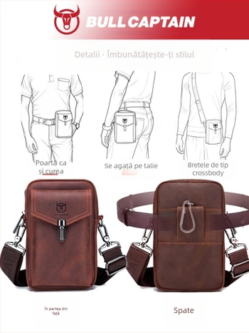 Posetă de talie pentru bărbați din piele Crazy Horse, piele de vițel prim-strat, curea crossbody, din piele naturală, pentru călătorii de afaceri