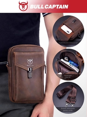 Posetă de talie pentru bărbați din piele Crazy Horse, piele de vițel prim-strat, curea crossbody, din piele naturală, pentru călătorii de afaceri