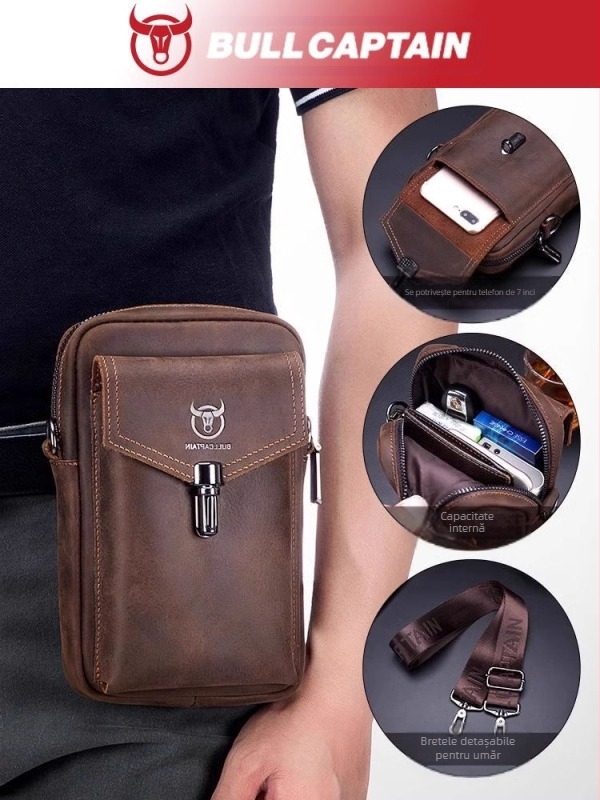 Posetă de talie pentru bărbați din piele Crazy Horse, piele de vițel prim-strat, curea crossbody, din piele naturală, pentru călătorii de afaceri