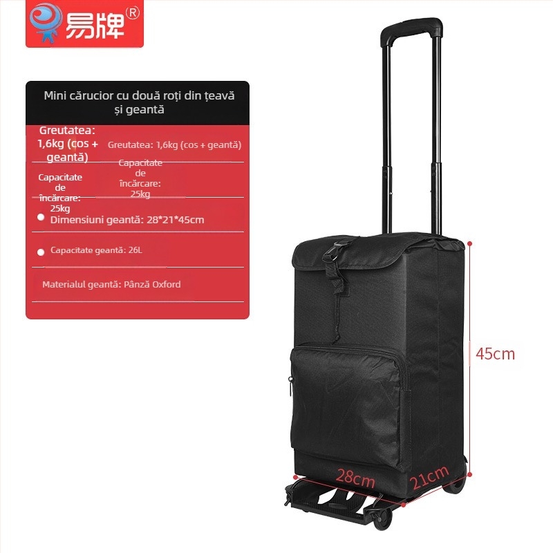 Căruț cu două roți, pliabil și portabil, cadru din fier, încărcătură maximă 30 kg, greutate 2,0 kg