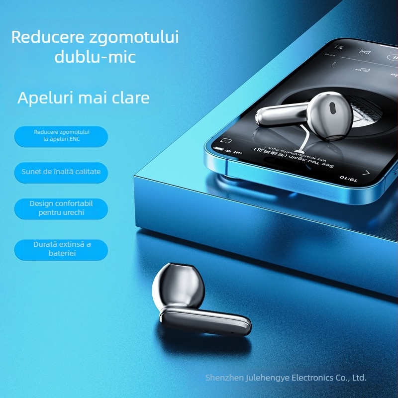 Căști TWS pentru gaming cu microfoane ENC duale, Bluetooth 5.2, latență redusă, IPX5 rezistente la apă, autonomie baterie 4–8 ore.