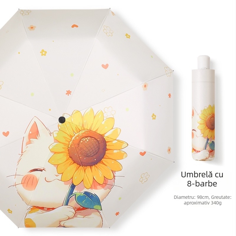 Umbrelă automată pliabilă pentru soare și ploaie, husă vinyl 190T, 8 arce din fibră de sticlă, tijă din aliaj, design cu floare