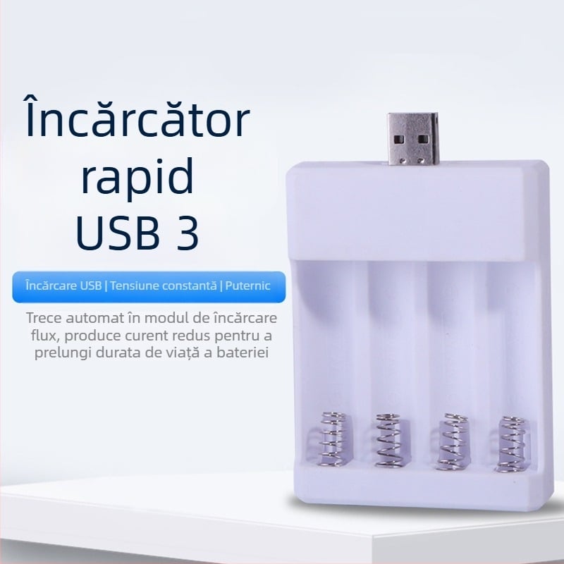 Încărcător de baterii USB5/7 Universal, 4 sloturi, intrare 5V 2A, ieșire 1.2V 0.25A×2, CE