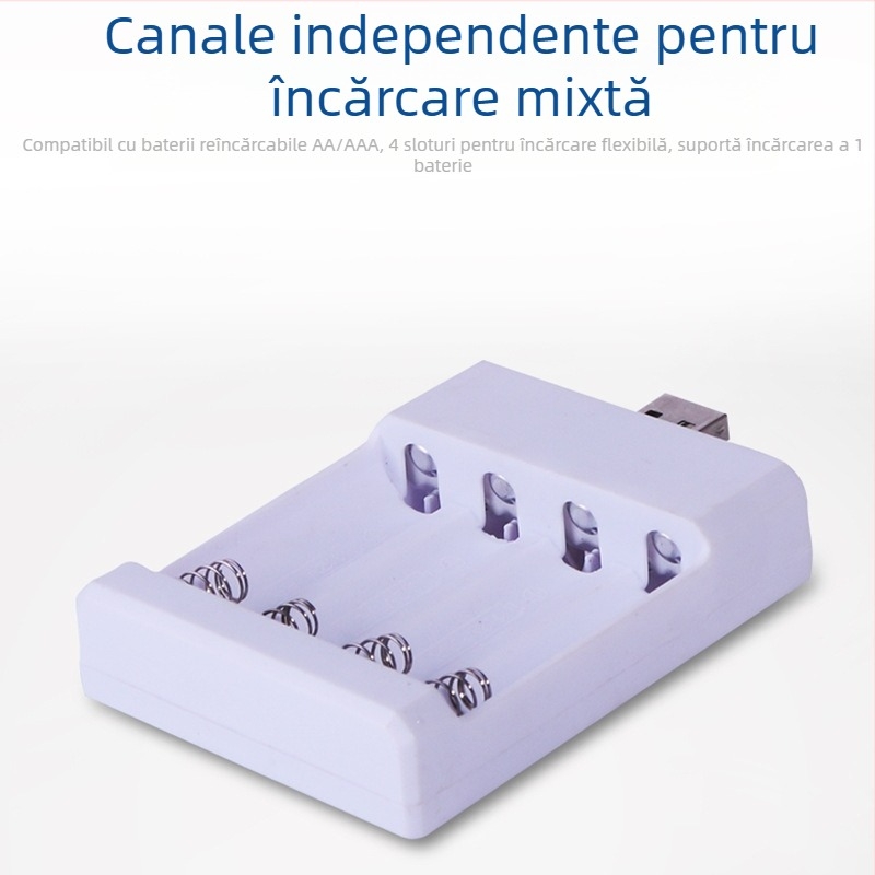 Încărcător de baterii USB5/7 Universal, 4 sloturi, intrare 5V 2A, ieșire 1.2V 0.25A×2, CE