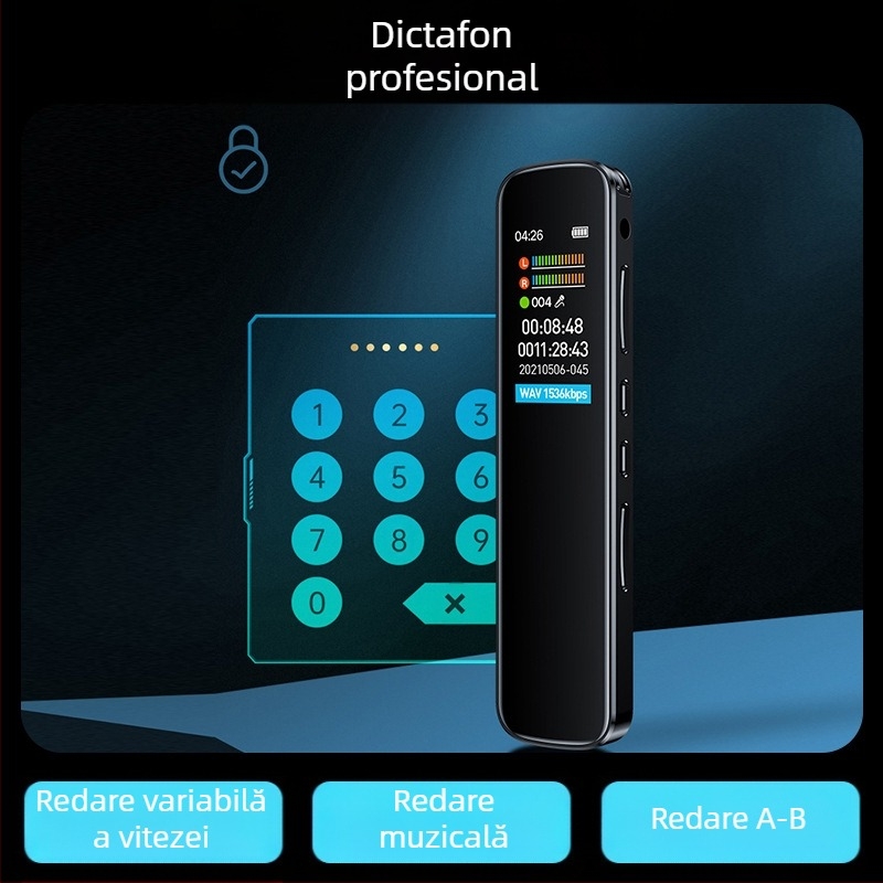 RV19 Înregistrator vocal cu reducere a zgomotului, portabil, aproximativ 30 ore de înregistrare, MP3/WAV, card TF, 2 microfoane