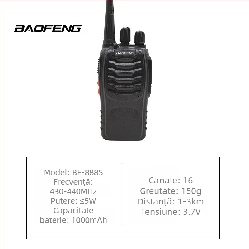 Baofeng BF-888S radio portabil profesional — 430–440 MHz, 16 canale, putere până la 5 W, rază până la 3 km, baterie 1500 mAh (3,7 V)