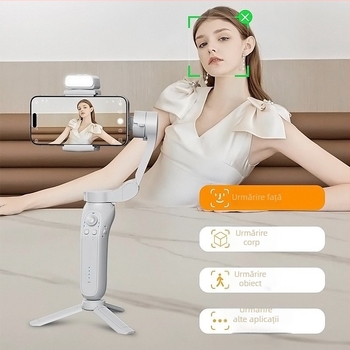 Stabilizator pentru telefon cu 3 axe, urmărire facială inteligentă, stabilizare ușoară, ABS+PC, compatibil Android/iOS, rotație orizontală 340° și verticală 160°, greutate 348 g