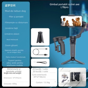 Stabilizator pentru telefon cu 3 axe, urmărire facială inteligentă, stabilizare ușoară, ABS+PC, compatibil Android/iOS, rotație orizontală 340° și verticală 160°, greutate 348 g