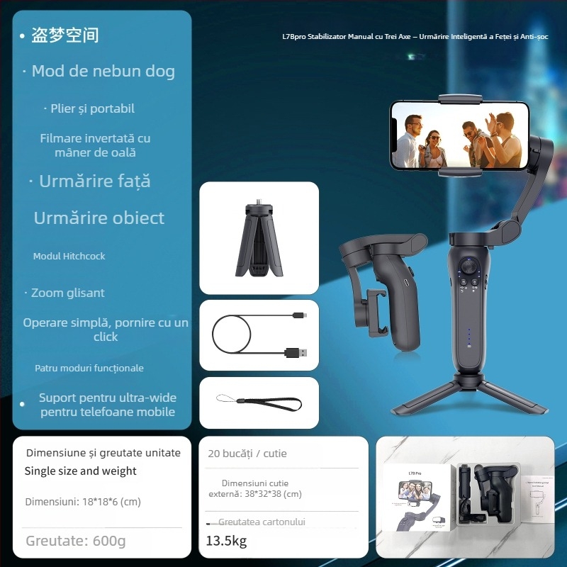 Stabilizator pentru telefon cu 3 axe, urmărire facială inteligentă, stabilizare ușoară, ABS+PC, compatibil Android/iOS, rotație orizontală 340° și verticală 160°, greutate 348 g