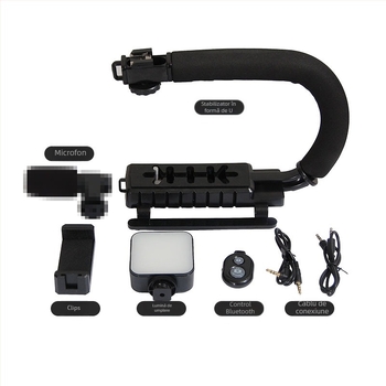 Stabilizator portabil în formă de U pentru cameră cu iluminare LED pentru telefoane mobile; LED 2W, 6500K, alimentare 3V, luminozitate reglabilă