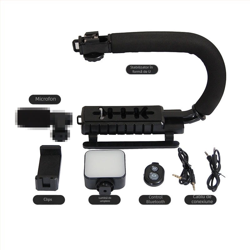 Stabilizator portabil în formă de U pentru cameră cu iluminare LED pentru telefoane mobile; LED 2W, 6500K, alimentare 3V, luminozitate reglabilă