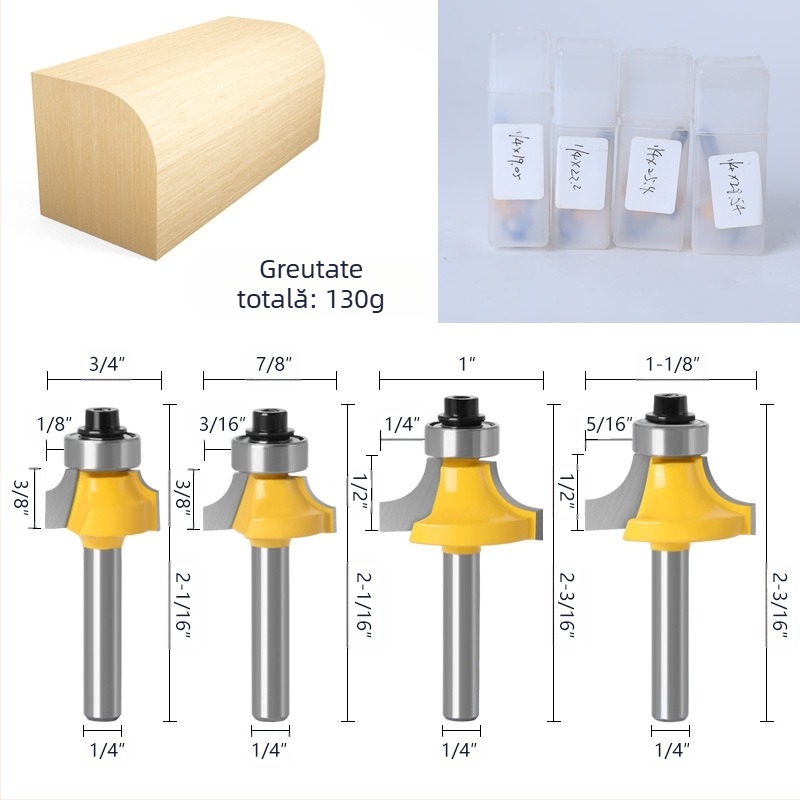 Set freze lemn – 4 buc. – vârf sferic, aliaj, freză canelatoare