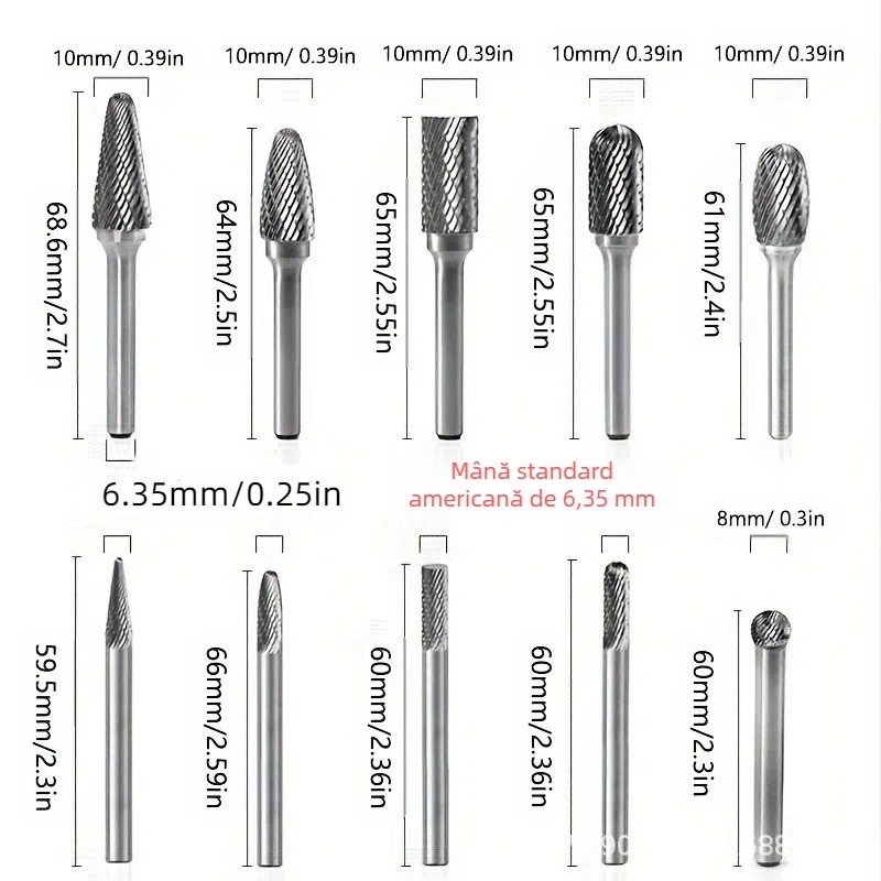Set de 10 burruri din carburi de wolfram, cu dublă tăiere, din carburi solide, pentru scule rotative