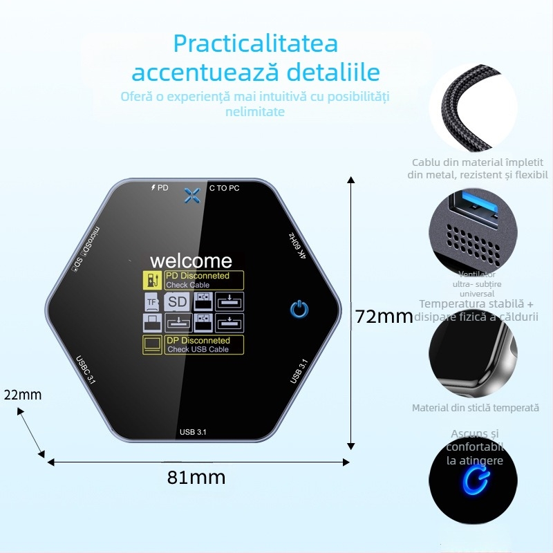 Hub de extensie Type-C cu interfață USB-C de 5 Gbps, alimentare externă, model YC-931
