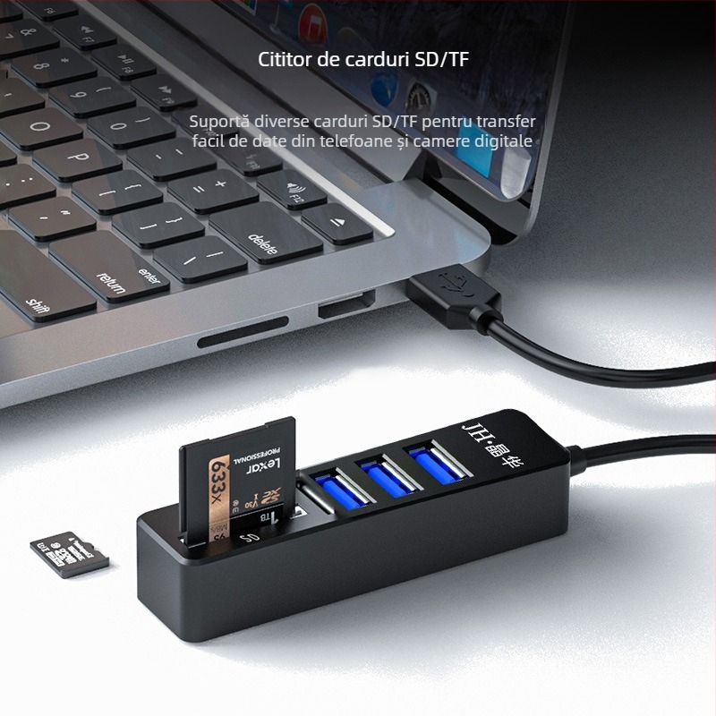 Cititor USB 5-în-1 și hub pentru laptop, suport SD/TF, USB 2.0, montaj extern, model Z303