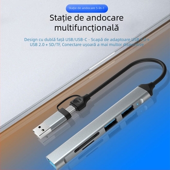 Hub USB-C cu 4 porturi USB 3.0, viteză până la 5 Gbps, fără alimentare externă