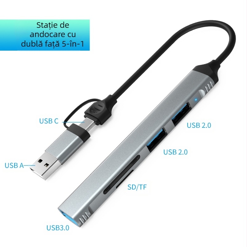 Hub USB-C cu 4 porturi USB 3.0, viteză până la 5 Gbps, fără alimentare externă