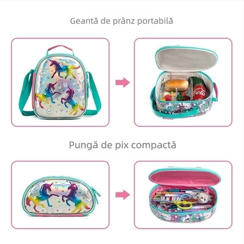 Set trei piese rucsac școlar cu roți, unicorn pentru elevi din învățământul primar – material EVA, respirabil, reducerea încărcării, model cu animale