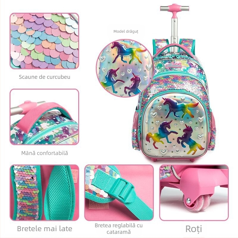 Set trei piese rucsac școlar cu roți, unicorn pentru elevi din învățământul primar – material EVA, respirabil, reducerea încărcării, model cu animale