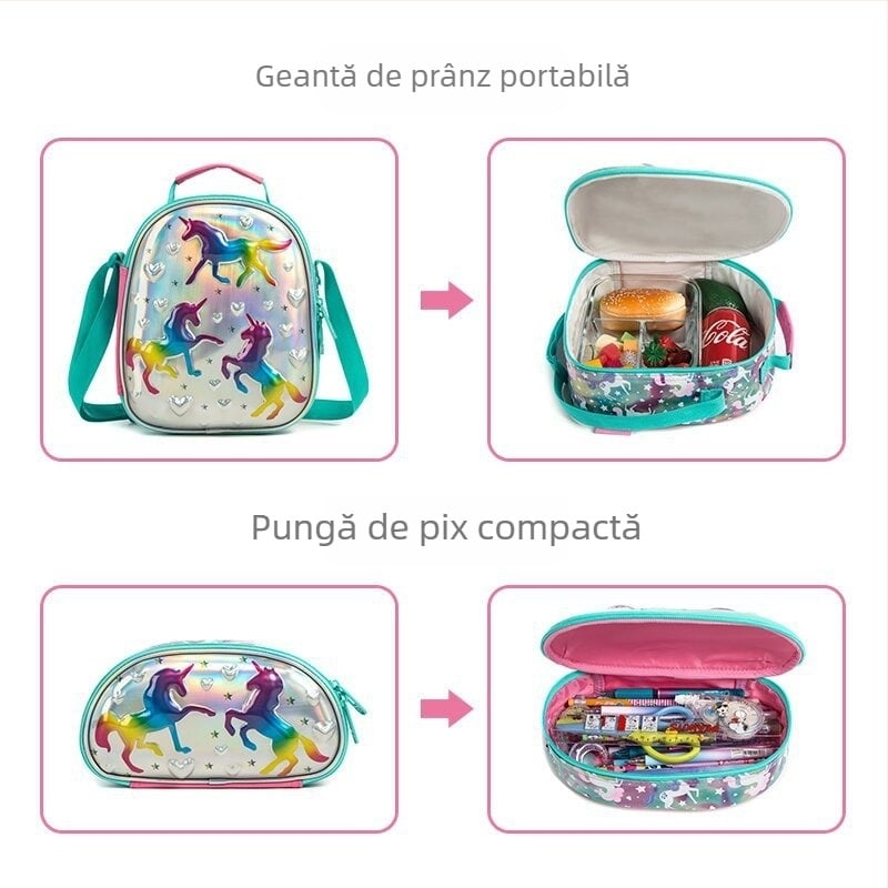 Set trei piese rucsac școlar cu roți, unicorn pentru elevi din învățământul primar – material EVA, respirabil, reducerea încărcării, model cu animale