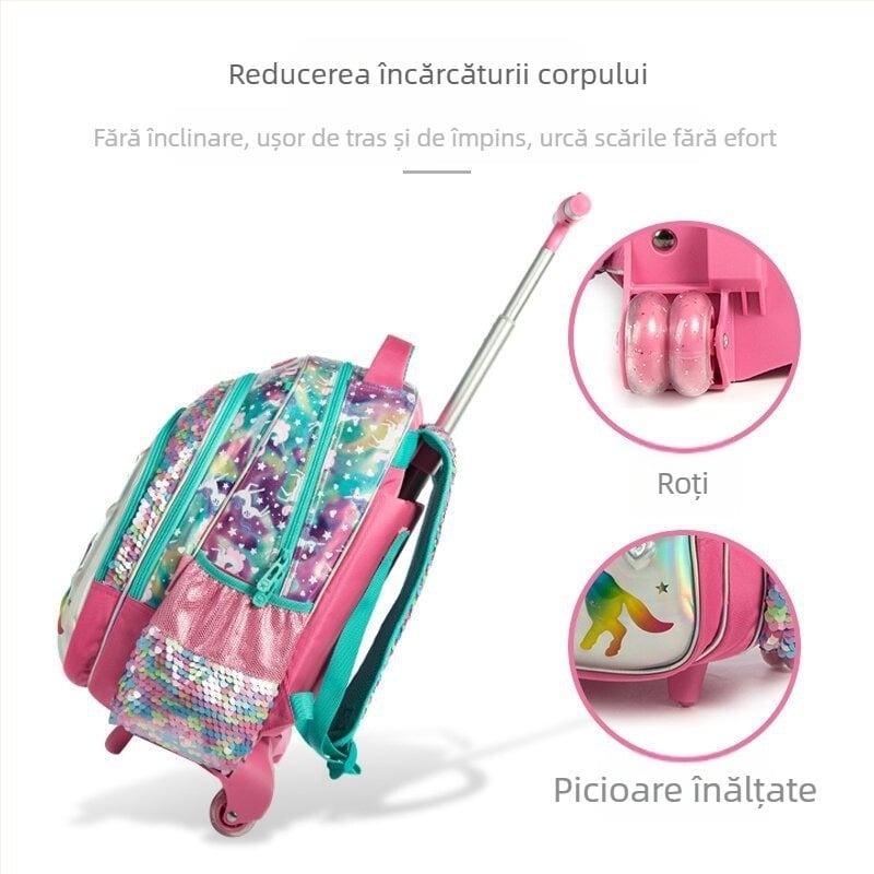 Set trei piese rucsac școlar cu roți, unicorn pentru elevi din învățământul primar – material EVA, respirabil, reducerea încărcării, model cu animale