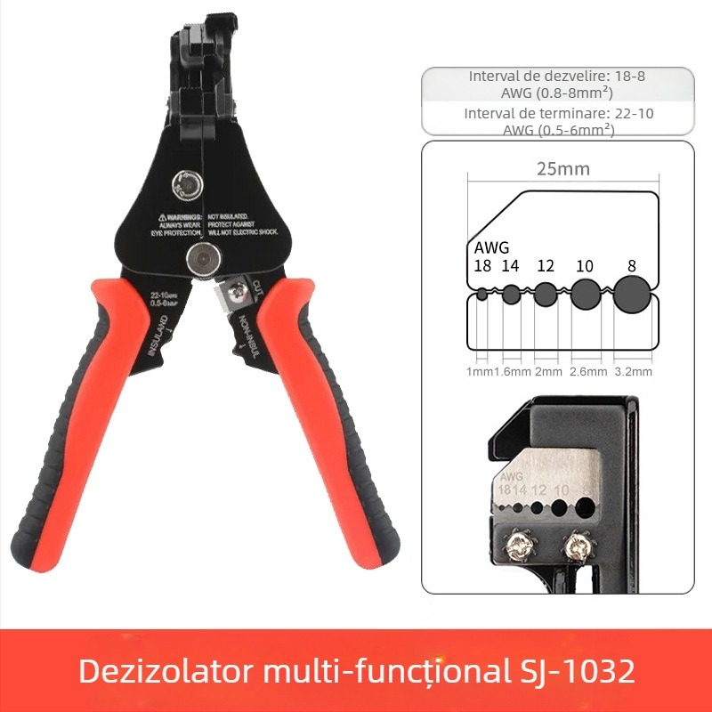 Clește automate multifuncțional pentru dezizarea cablurilor de fibră optică, cu fălci dințate – domeniu dezizare 1.0–3.2 mm, greutate 0,36 kg