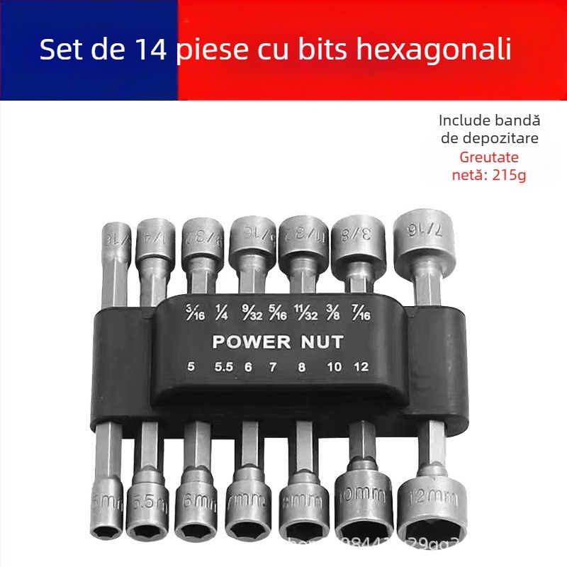 Set capete hexagonale pentru bormașină și șurubelniță, oțel crom-vanadiu, finisaj cromat, tip: cheie cu cap