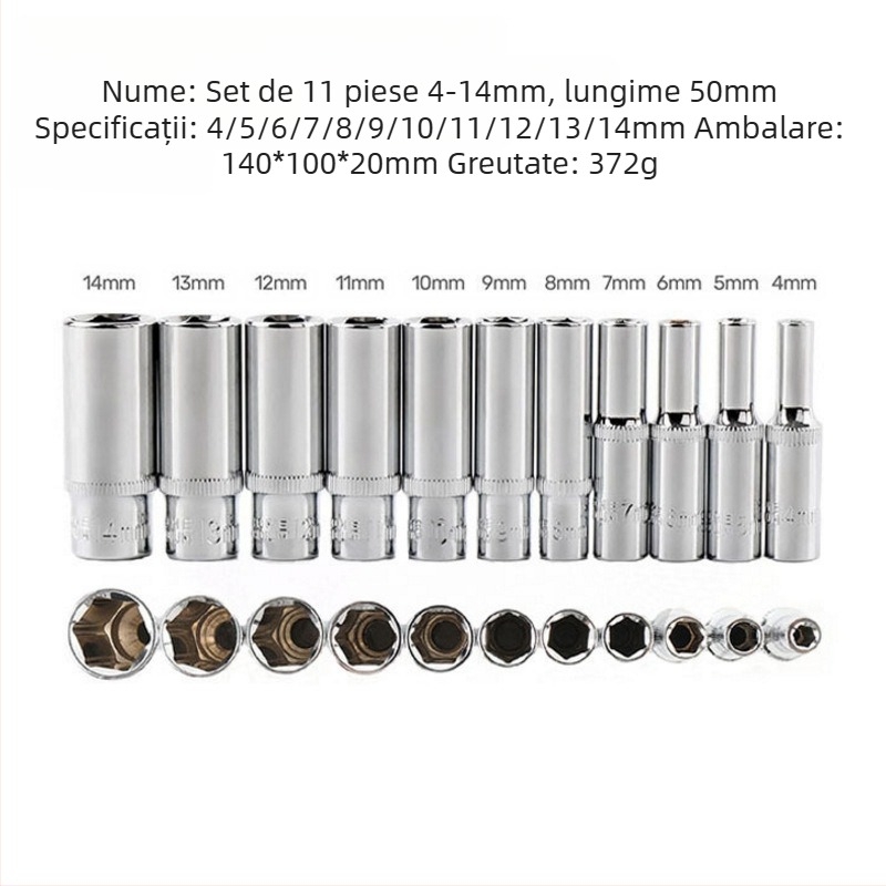 Blade Routine set de 11 piese chei tubulare din aliaj de aluminiu, adaptor hex 1/4, capete scurte și lungi, format metrice