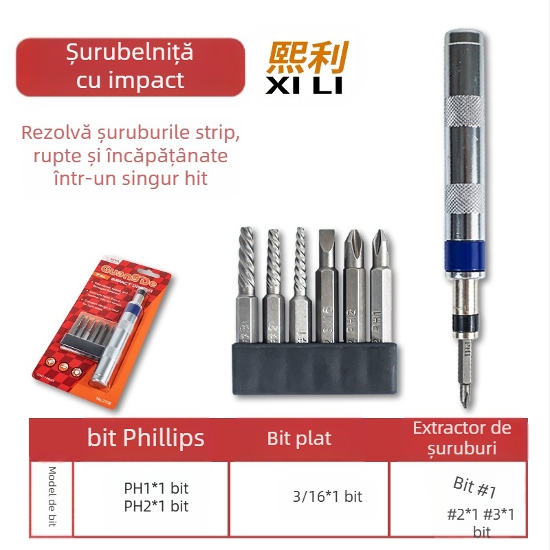 Șurubelniță cu impact mini, mâner hexagonal, set în vrac (Material: S2+CRV; Mâner hexagonal)