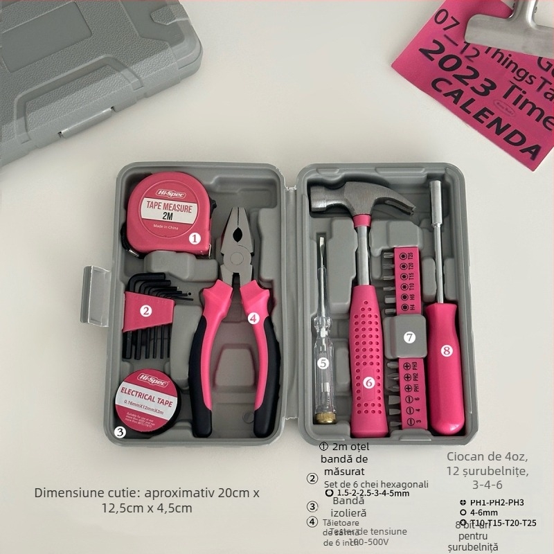 Set de unelte pentru casă cu șurubelnițe, ciocan și clește într-o cutie portabilă — oțel cu carbon înalt, finisaj lustruit, greutate 0.8, set inclus