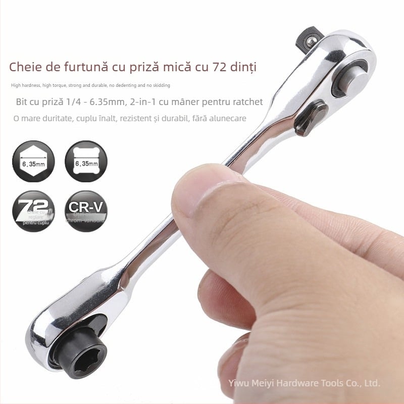 Mini cheie clichet cu prindere pătrată de 1/4 inch, de două fețe, cap pătrat, oțel crom-vanadiu, placare cromată lucioasă