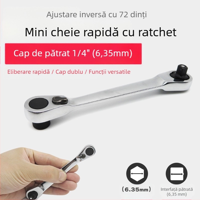 Mini cheie clichet cu prindere pătrată de 1/4 inch, de două fețe, cap pătrat, oțel crom-vanadiu, placare cromată lucioasă