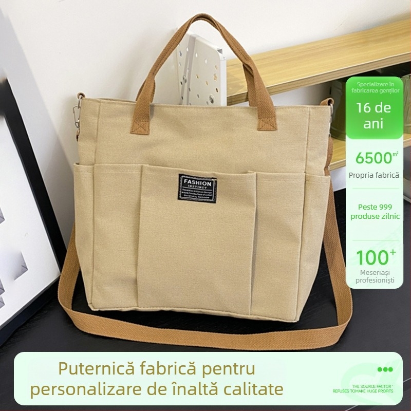 Geantă tote din pânză pentru cumpărături, curea unghiulară/crossbody, capacitate mare, buzunare multiple, logo imprimat prin transfer termic, origine Guangzhou