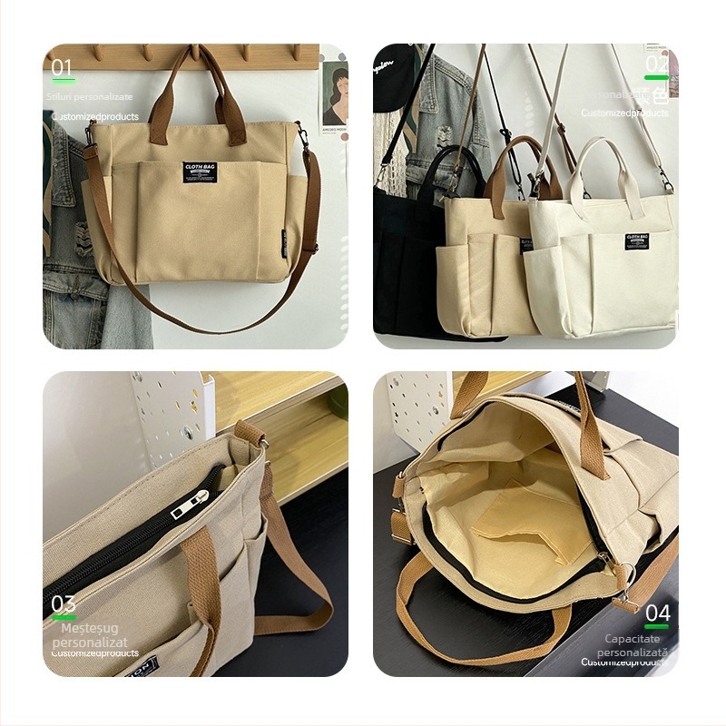 Geantă tote din pânză pentru cumpărături, curea unghiulară/crossbody, capacitate mare, buzunare multiple, logo imprimat prin transfer termic, origine Guangzhou