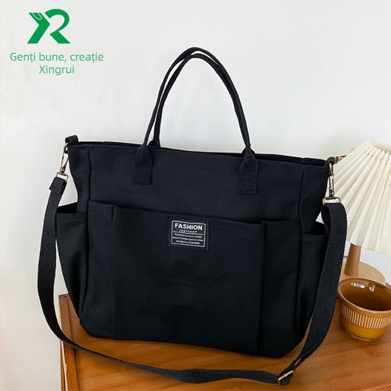 Geantă tote din pânză pentru cumpărături, curea unghiulară/crossbody, capacitate mare, buzunare multiple, logo imprimat prin transfer termic, origine Guangzhou