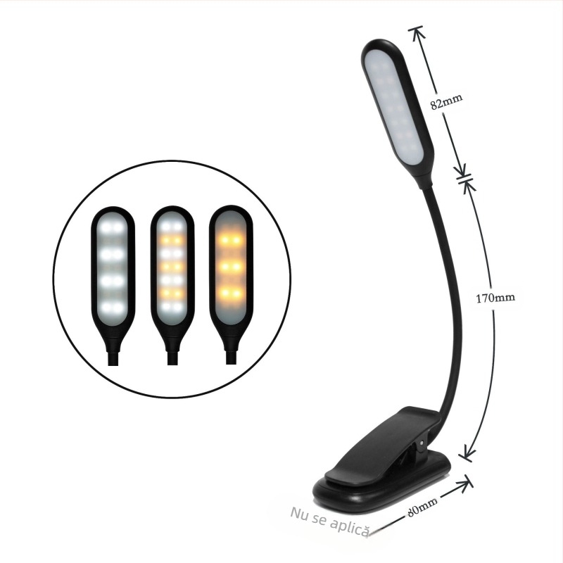 Lampă LED cu clip pentru citit — protecția ochilor, încărcare USB, întrerupător tactil, baterie Li-ion încorporată de 1000mAh
